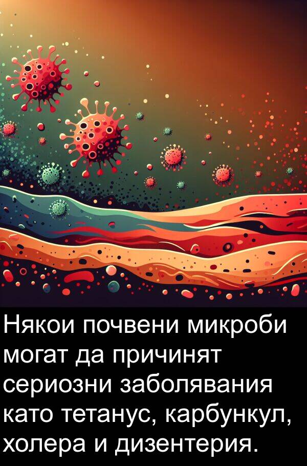 холера: Някои почвени микроби могат да причинят сериозни заболявания като тетанус, карбункул, холера и дизентерия.