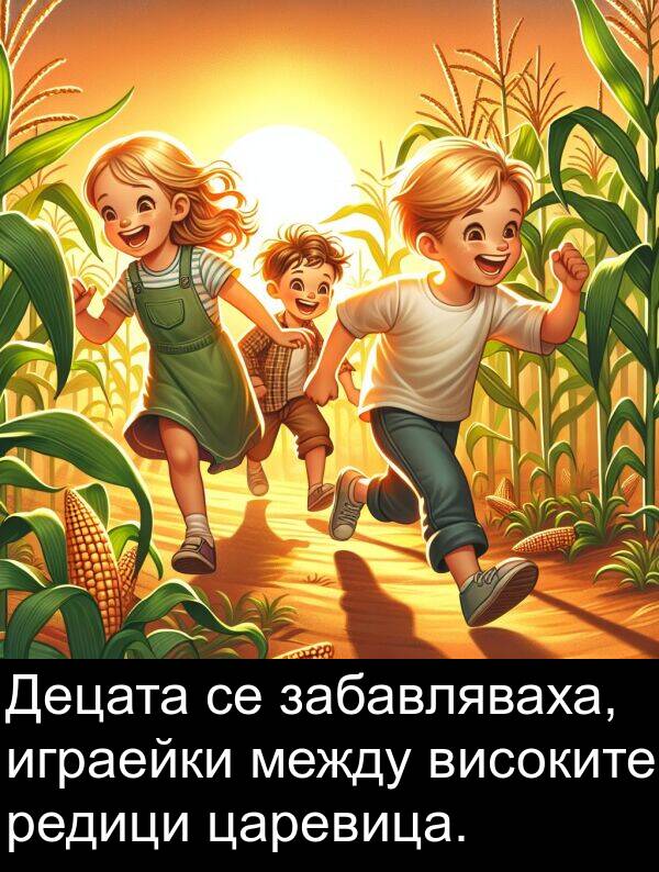 забавляваха: Децата се забавляваха, играейки между високите редици царевица.