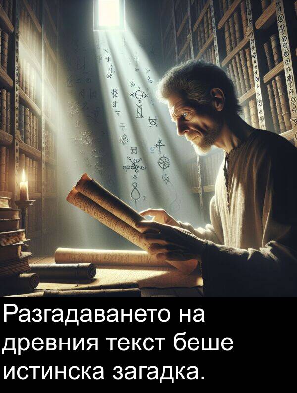 загадка: Разгадаването на древния текст беше истинска загадка.