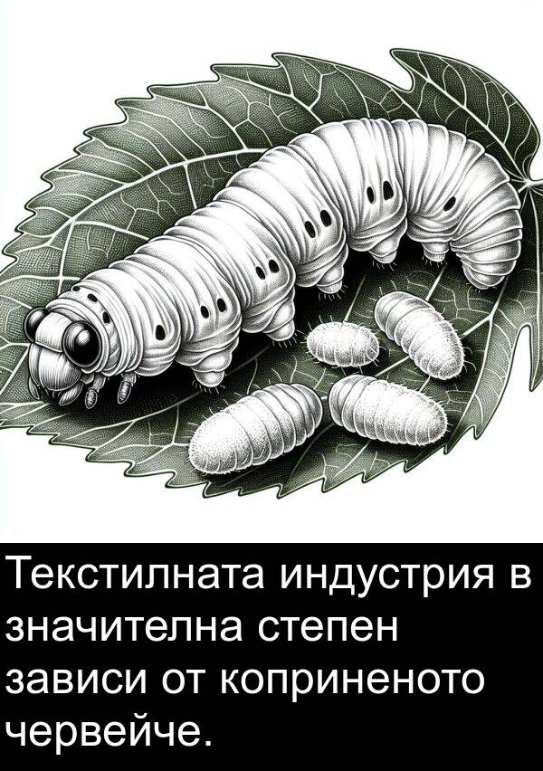 значителна: Текстилната индустрия в значителна степен зависи от коприненото червейче.