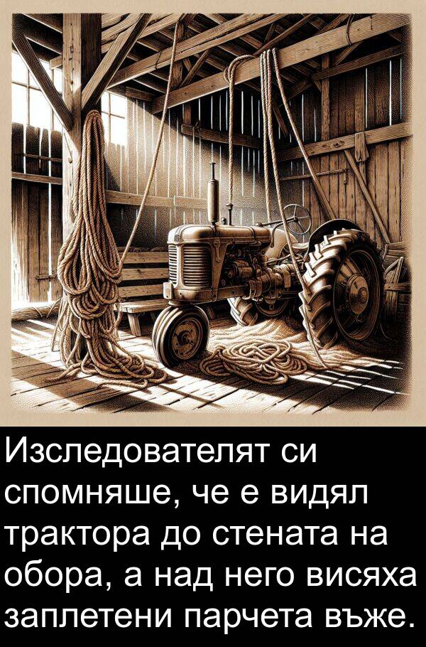 парчета: Изследователят си спомняше, че е видял трактора до стената на обора, а над него висяха заплетени парчета въже.