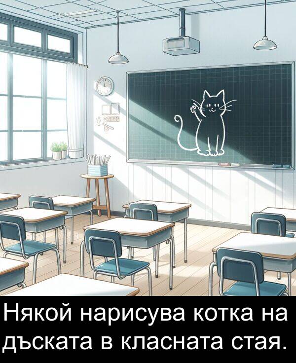 котка: Някой нарисува котка на дъската в класната стая.