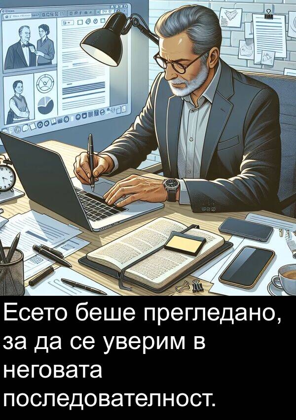 последователност: Есето беше прегледано, за да се уверим в неговата последователност.