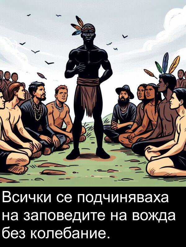 без: Всички се подчиняваха на заповедите на вожда без колебание.