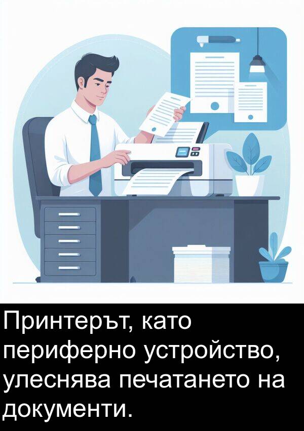 печатането: Принтерът, като периферно устройство, улеснява печатането на документи.