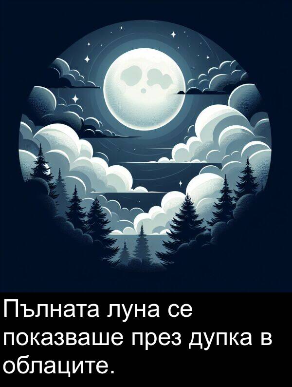 през: Пълната луна се показваше през дупка в облаците.