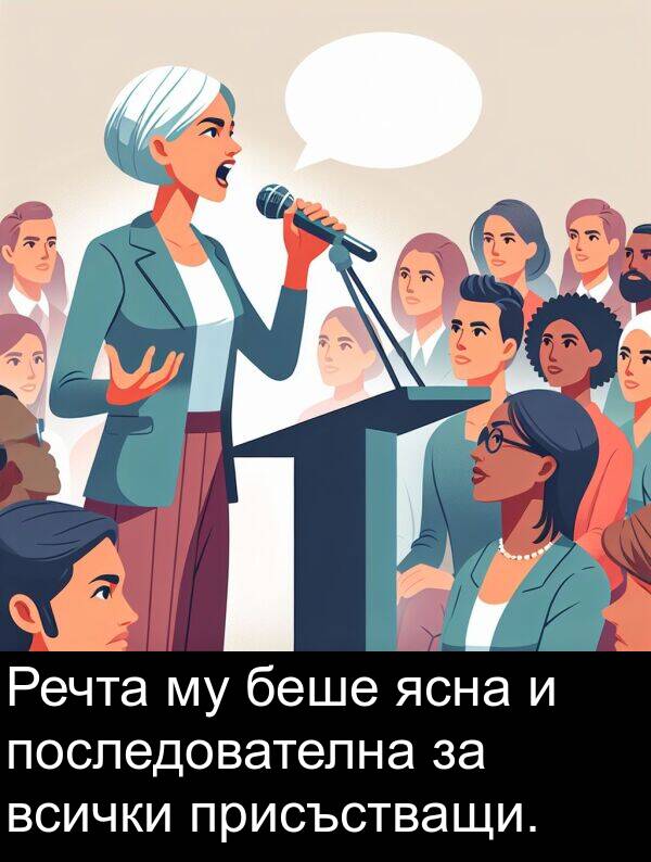 последователна: Речта му беше ясна и последователна за всички присъстващи.