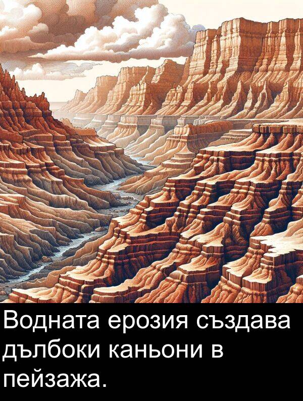 пейзажа: Водната ерозия създава дълбоки каньони в пейзажа.