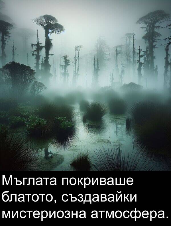 покриваше: Мъглата покриваше блатото, създавайки мистериозна атмосфера.