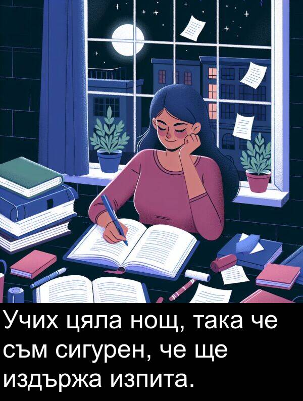 издържа: Учих цяла нощ, така че съм сигурен, че ще издържа изпита.