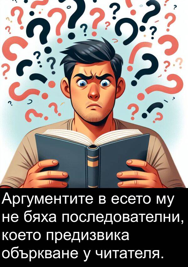 читателя: Аргументите в есето му не бяха последователни, което предизвика объркване у читателя.