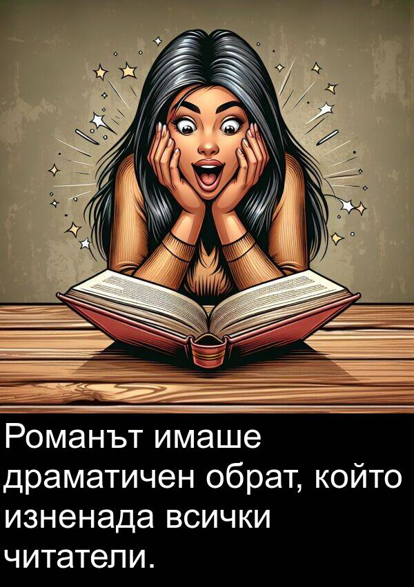 имаше: Романът имаше драматичен обрат, който изненада всички читатели.