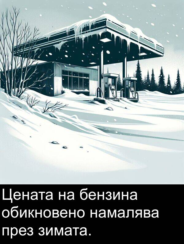 през: Цената на бензина обикновено намалява през зимата.
