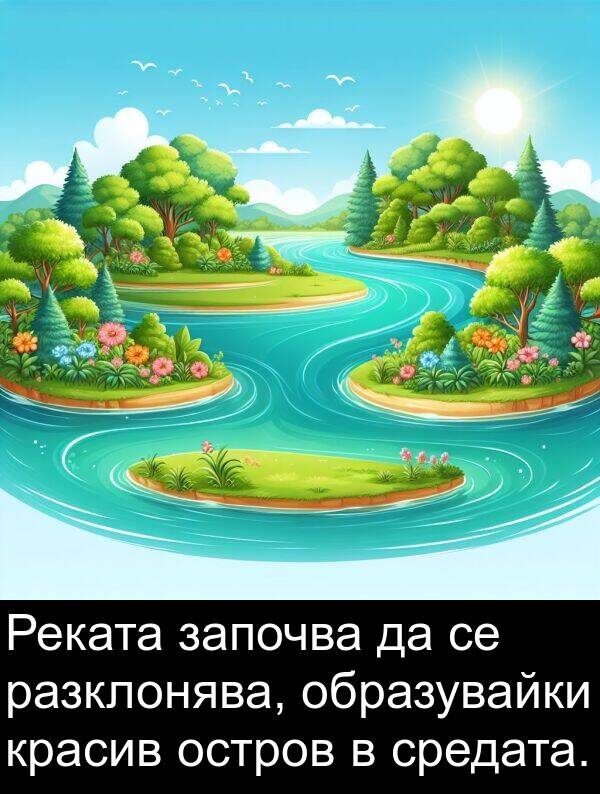 образувайки: Реката започва да се разклонява, образувайки красив остров в средата.