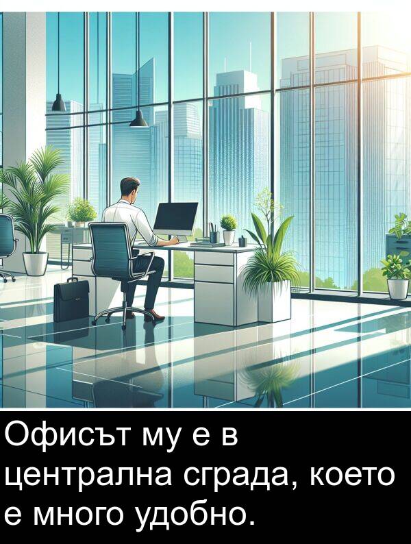 централна: Офисът му е в централна сграда, което е много удобно.