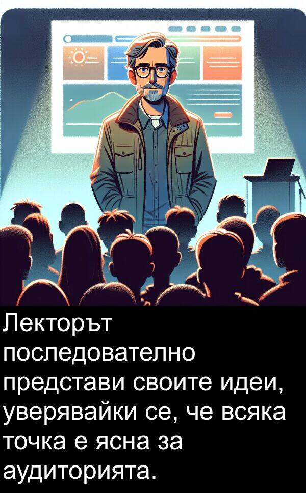 идеи: Лекторът последователно представи своите идеи, уверявайки се, че всяка точка е ясна за аудиторията.