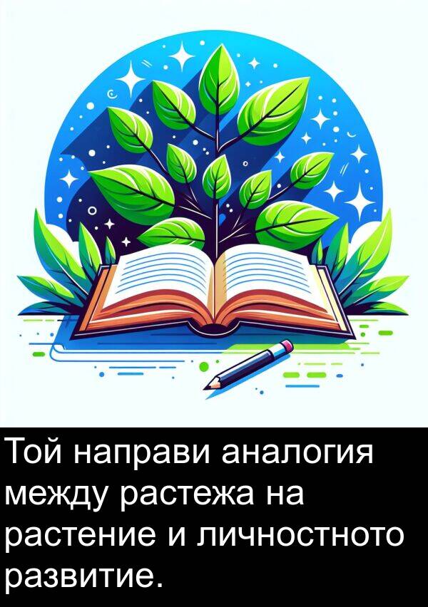 между: Той направи аналогия между растежа на растение и личностното развитие.