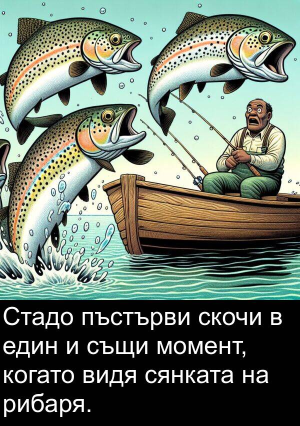 видя: Стадо пъстърви скочи в един и същи момент, когато видя сянката на рибаря.