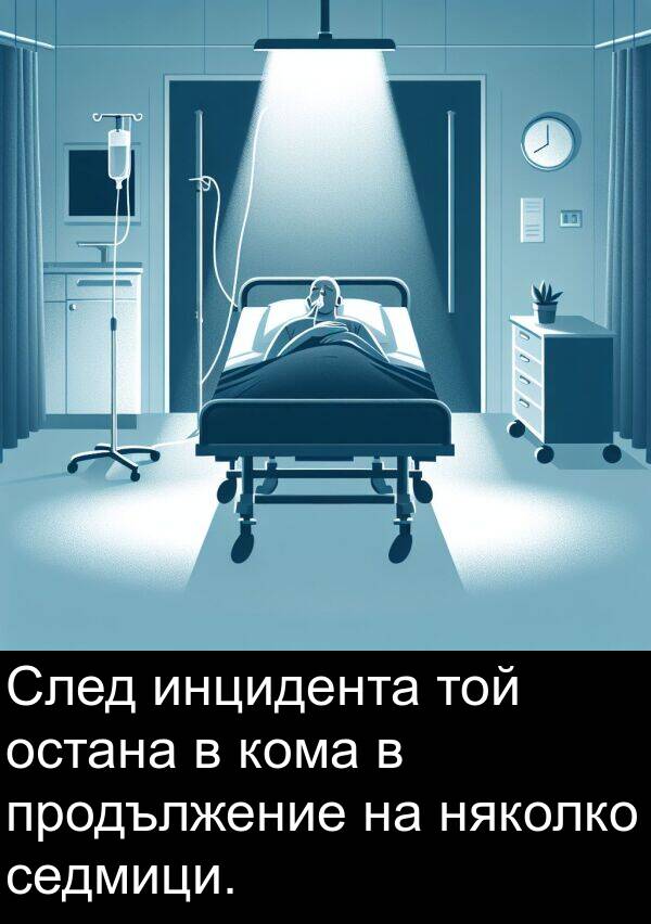 седмици: След инцидента той остана в кома в продължение на няколко седмици.