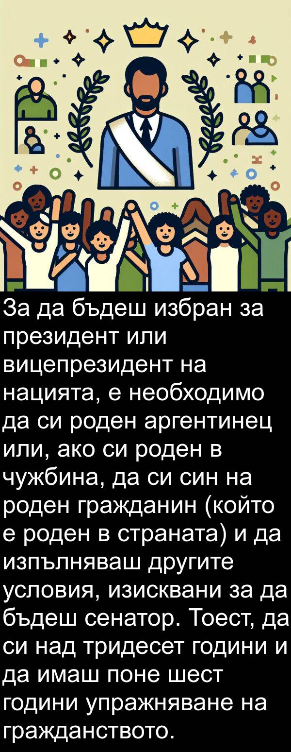 избран: За да бъдеш избран за президент или вицепрезидент на нацията, е необходимо да си роден аргентинец или, ако си роден в чужбина, да си син на роден гражданин (който е роден в страната) и да изпълняваш другите условия, изисквани за да бъдеш сенатор. Тоест, да си над тридесет години и да имаш поне шест години упражняване на гражданството.