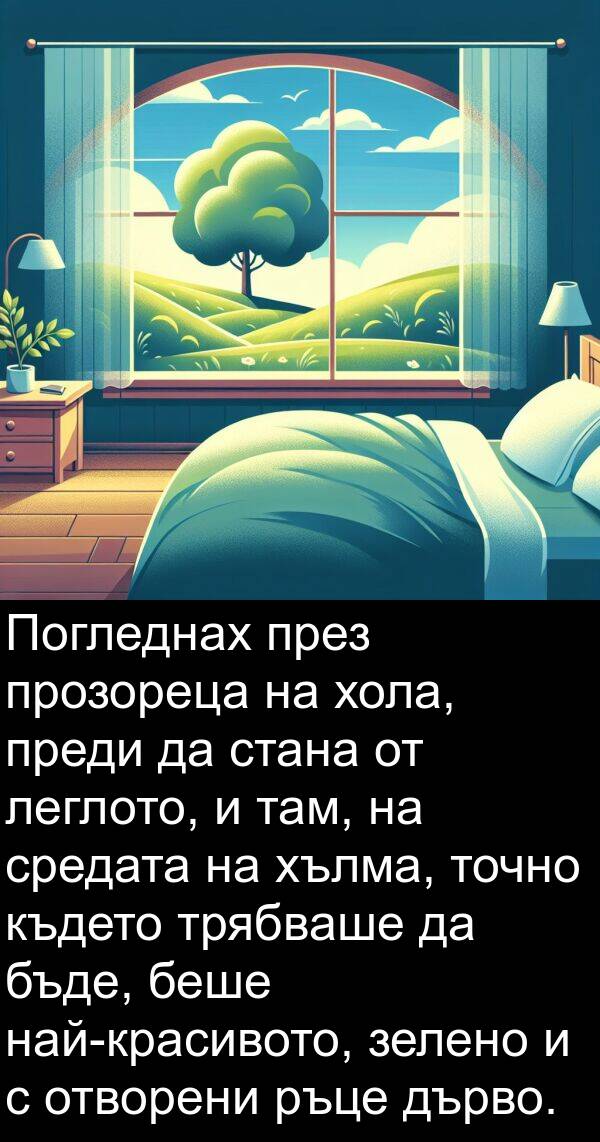 зелено: Погледнах през прозореца на хола, преди да стана от леглото, и там, на средата на хълма, точно където трябваше да бъде, беше най-красивото, зелено и с отворени ръце дърво.