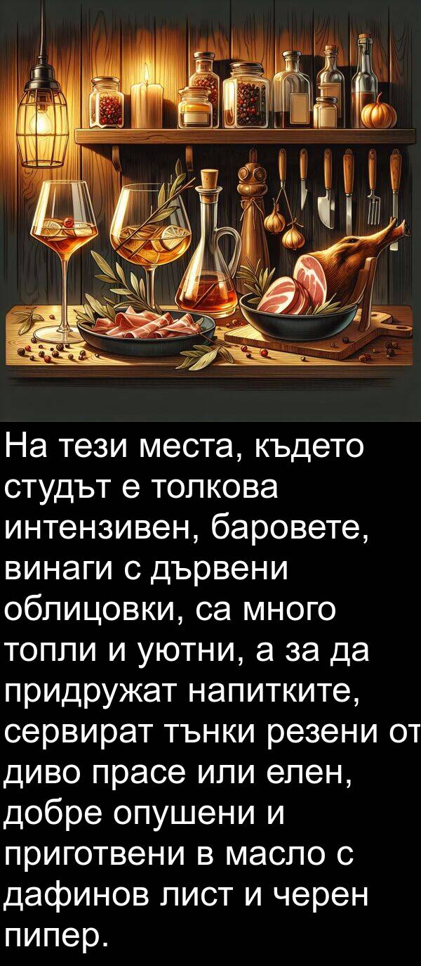 места: На тези места, където студът е толкова интензивен, баровете, винаги с дървени облицовки, са много топли и уютни, а за да придружат напитките, сервират тънки резени от диво прасе или елен, добре опушени и приготвени в масло с дафинов лист и черен пипер.