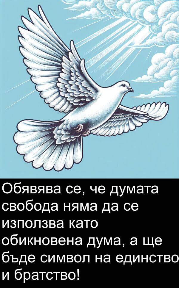 свобода: Обявява се, че думата свобода няма да се използва като обикновена дума, а ще бъде символ на единство и братство!