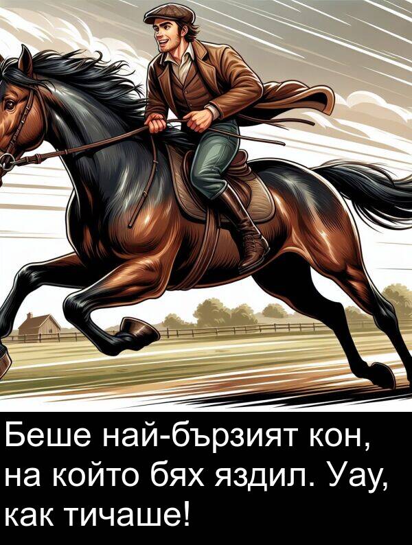 как: Беше най-бързият кон, на който бях яздил. Уау, как тичаше!