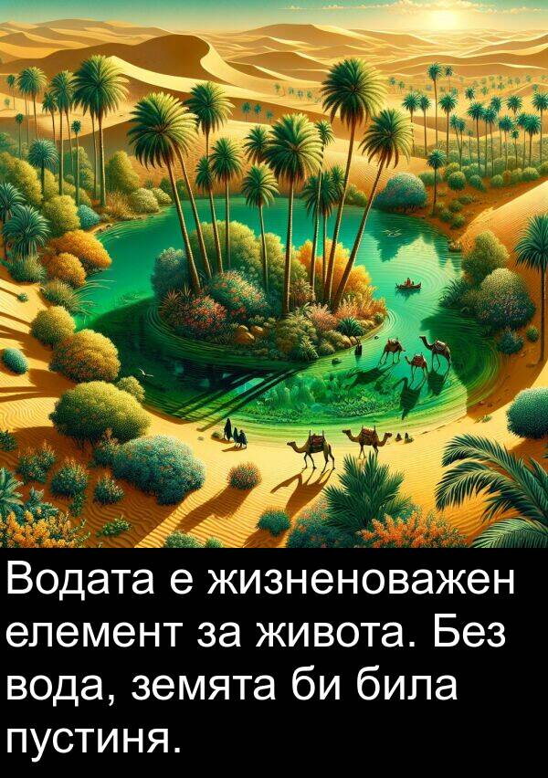 земята: Водата е жизненоважен елемент за живота. Без вода, земята би била пустиня.