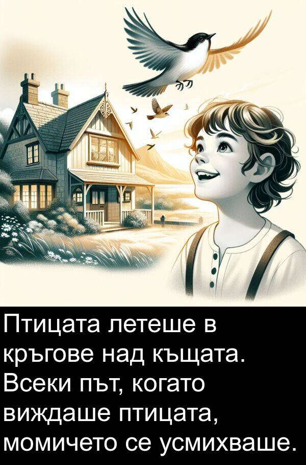 виждаше: Птицата летеше в кръгове над къщата. Всеки път, когато виждаше птицата, момичето се усмихваше.