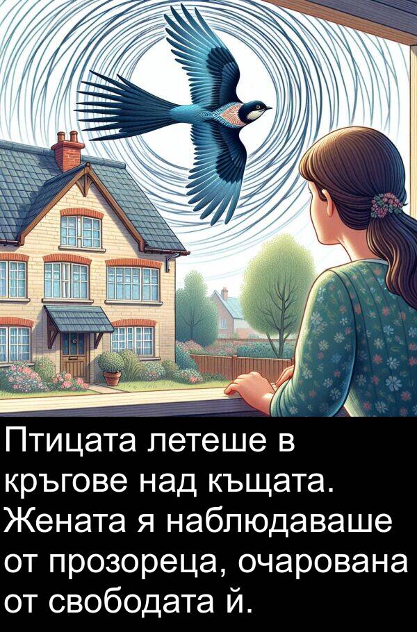 над: Птицата летеше в кръгове над къщата. Жената я наблюдаваше от прозореца, очарована от свободата й.