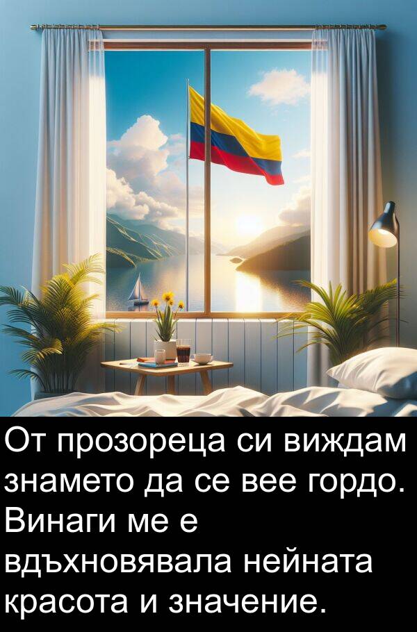 значение: От прозореца си виждам знамето да се вее гордо. Винаги ме е вдъхновявала нейната красота и значение.