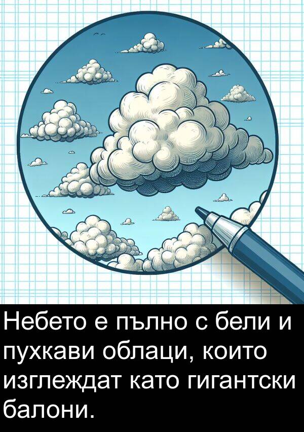 изглеждат: Небето е пълно с бели и пухкави облаци, които изглеждат като гигантски балони.