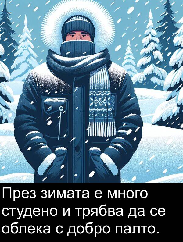 зимата: През зимата е много студено и трябва да се облека с добро палто.