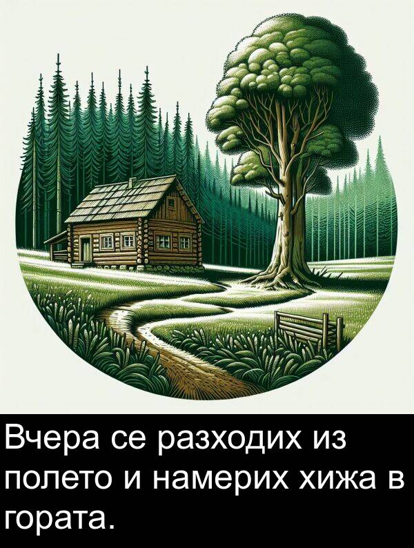 гората: Вчера се разходих из полето и намерих хижа в гората.