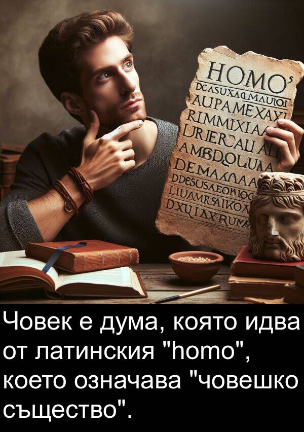 идва: Човек е дума, която идва от латинския "homo", което означава "човешко същество".