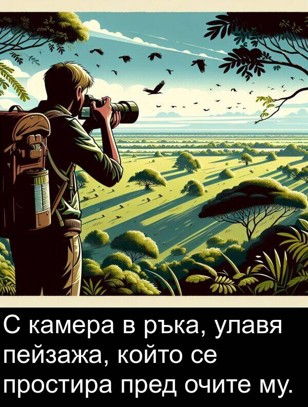 пейзажа: С камера в ръка, улавя пейзажа, който се простира пред очите му.