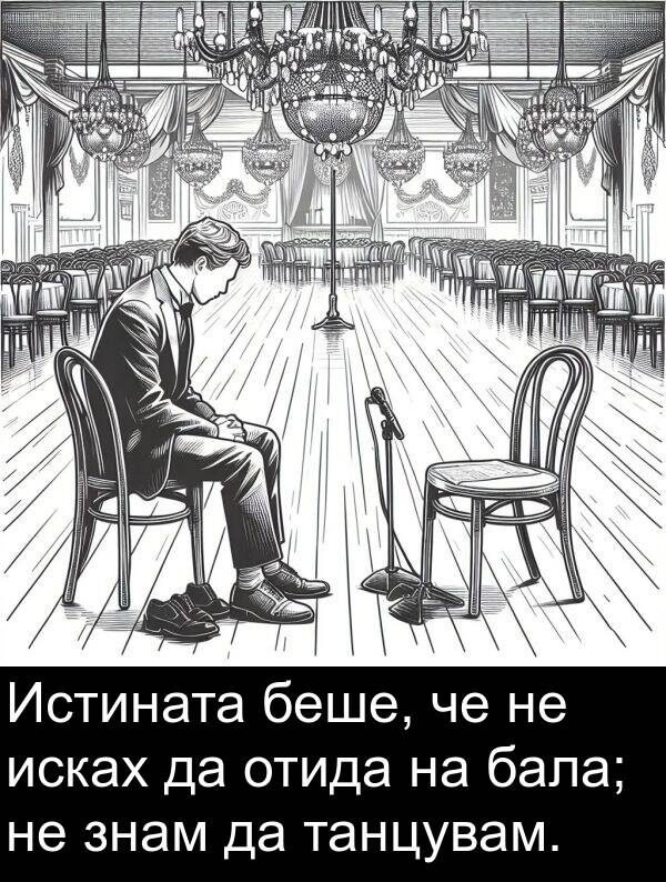 знам: Истината беше, че не исках да отида на бала; не знам да танцувам.