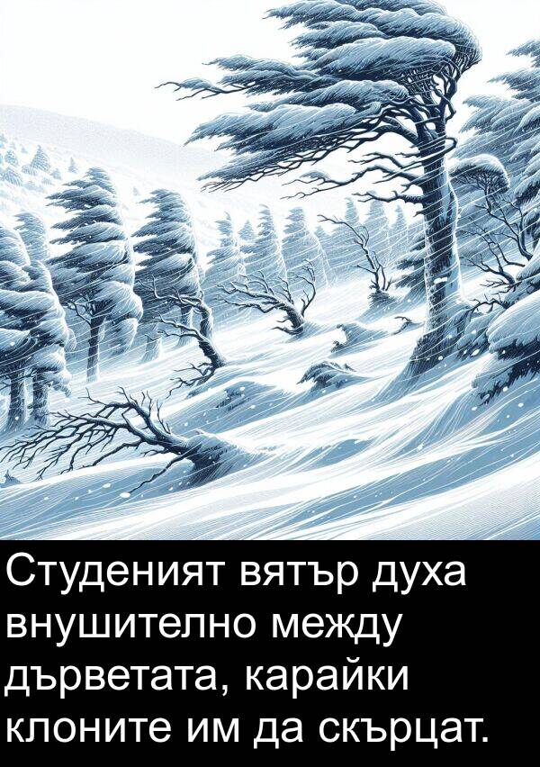 между: Студеният вятър духа внушително между дърветата, карайки клоните им да скърцат.