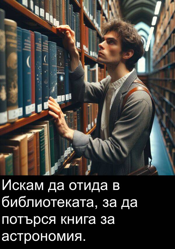 потърся: Искам да отида в библиотеката, за да потърся книга за астрономия.