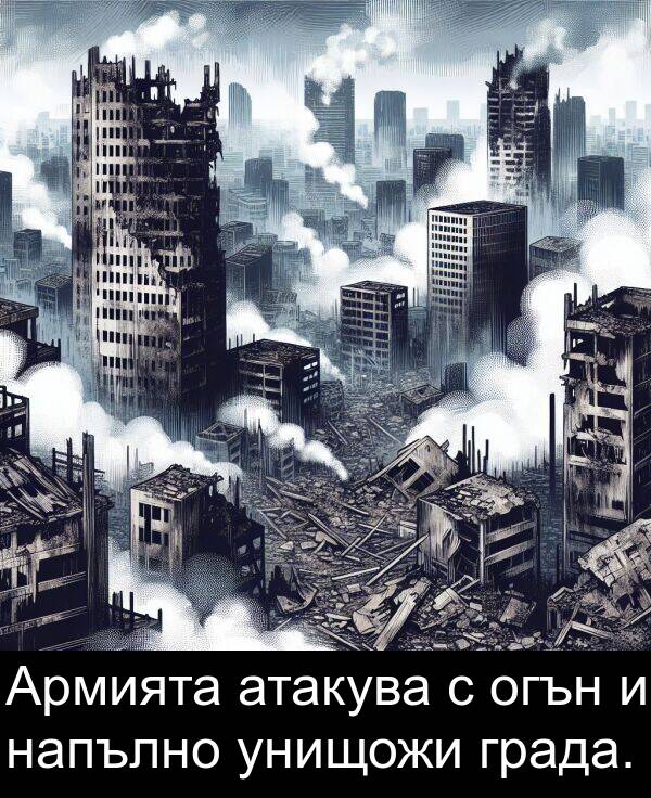 напълно: Армията атакува с огън и напълно унищожи града.