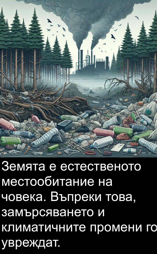 замърсяването: Земята е естественото местообитание на човека. Въпреки това, замърсяването и климатичните промени го увреждат.