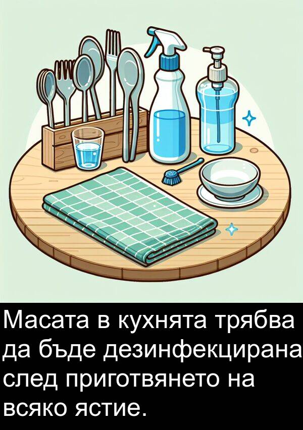 кухнята: Масата в кухнята трябва да бъде дезинфекцирана след приготвянето на всяко ястие.