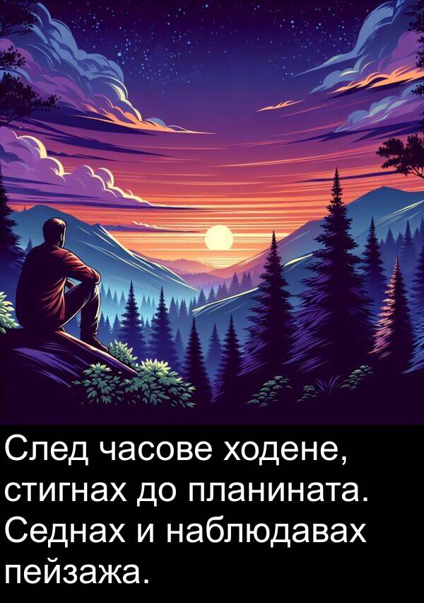 пейзажа: След часове ходене, стигнах до планината. Седнах и наблюдавах пейзажа.