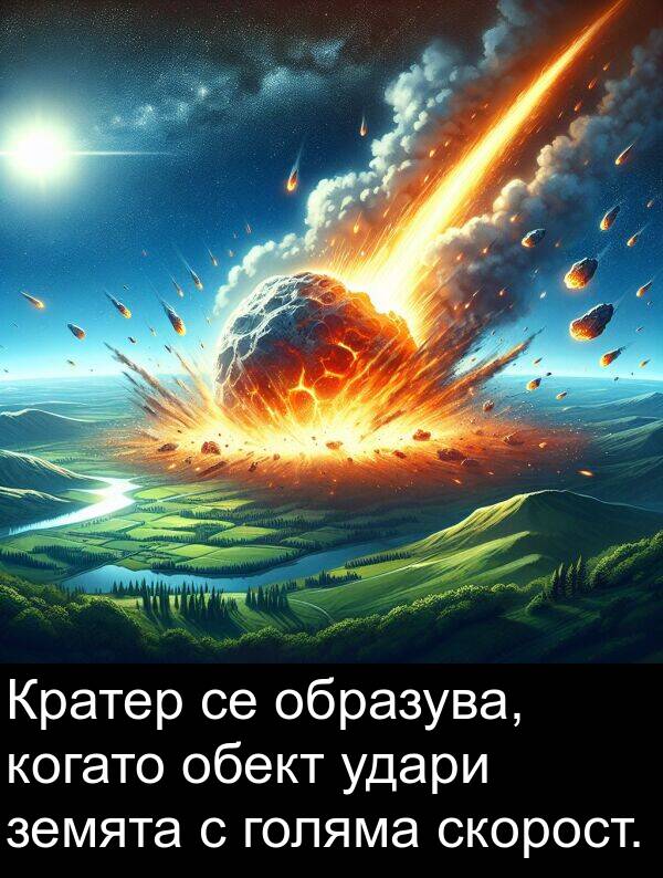 земята: Кратер се образува, когато обект удари земята с голяма скорост.