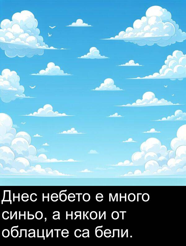 облаците: Днес небето е много синьо, а някои от облаците са бели.