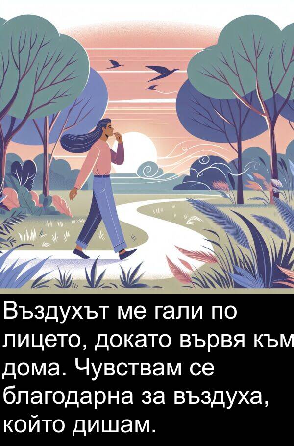 гали: Въздухът ме гали по лицето, докато вървя към дома. Чувствам се благодарна за въздуха, който дишам.