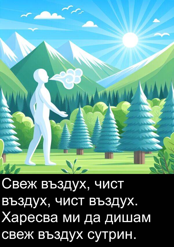 свеж: Свеж въздух, чист въздух, чист въздух. Харесва ми да дишам свеж въздух сутрин.