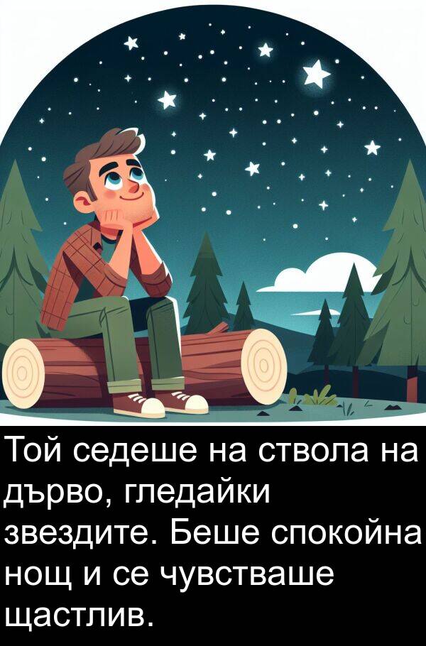 звездите: Той седеше на ствола на дърво, гледайки звездите. Беше спокойна нощ и се чувстваше щастлив.