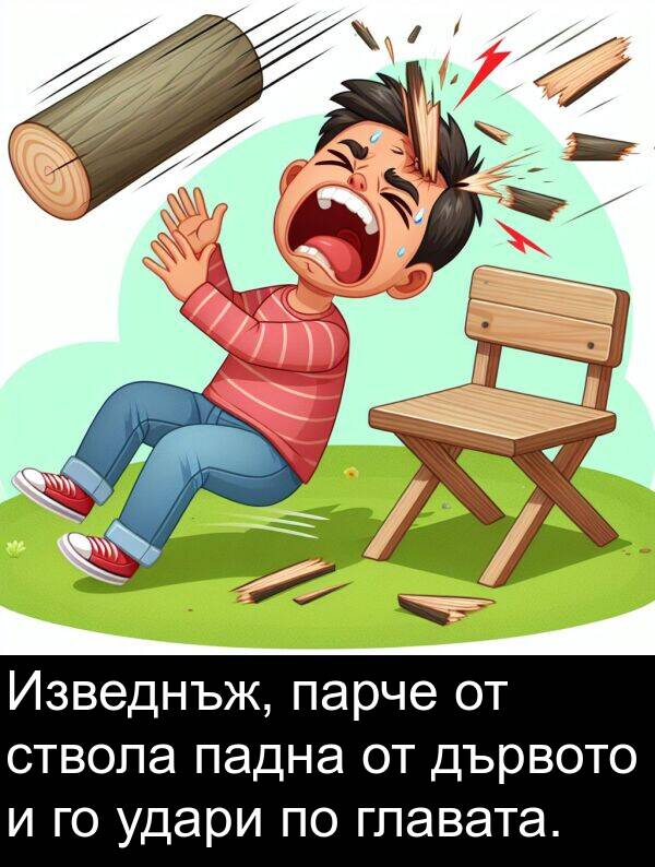 парче: Изведнъж, парче от ствола падна от дървото и го удари по главата.